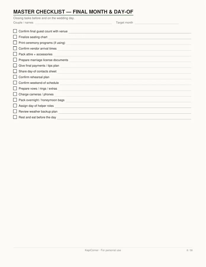 Wedding Planning Checklist printable – page 8 of 58, rendered from Wedding-Planning-Checklist-Letter.pdf