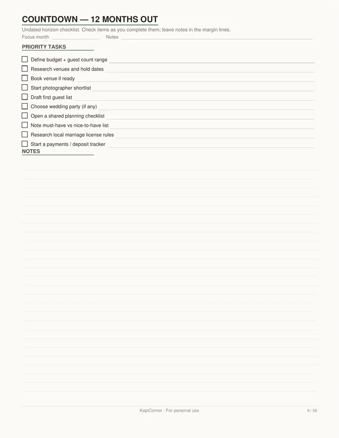 Wedding Planning Checklist printable – page 9 of 58, rendered from Wedding-Planning-Checklist-Letter.pdf