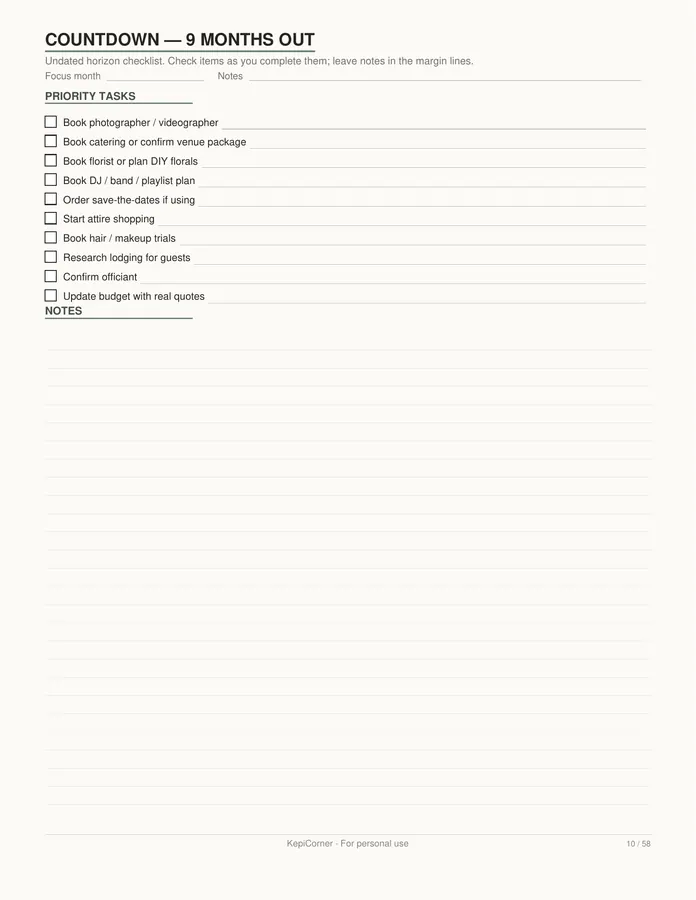 Wedding Planning Checklist printable – page 10 of 58, rendered from Wedding-Planning-Checklist-Letter.pdf