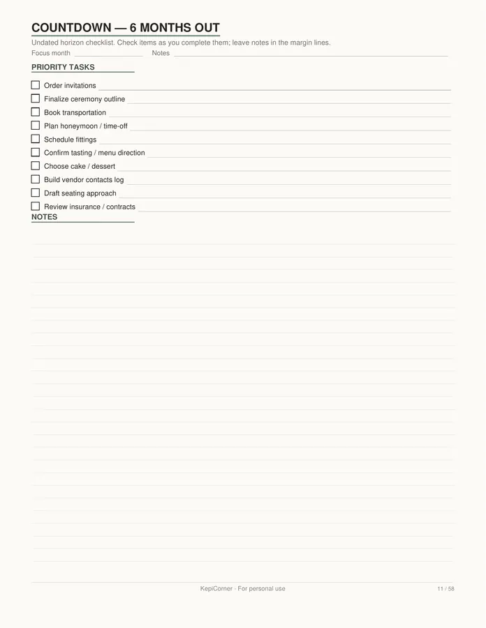 Wedding Planning Checklist printable – page 11 of 58, rendered from Wedding-Planning-Checklist-Letter.pdf