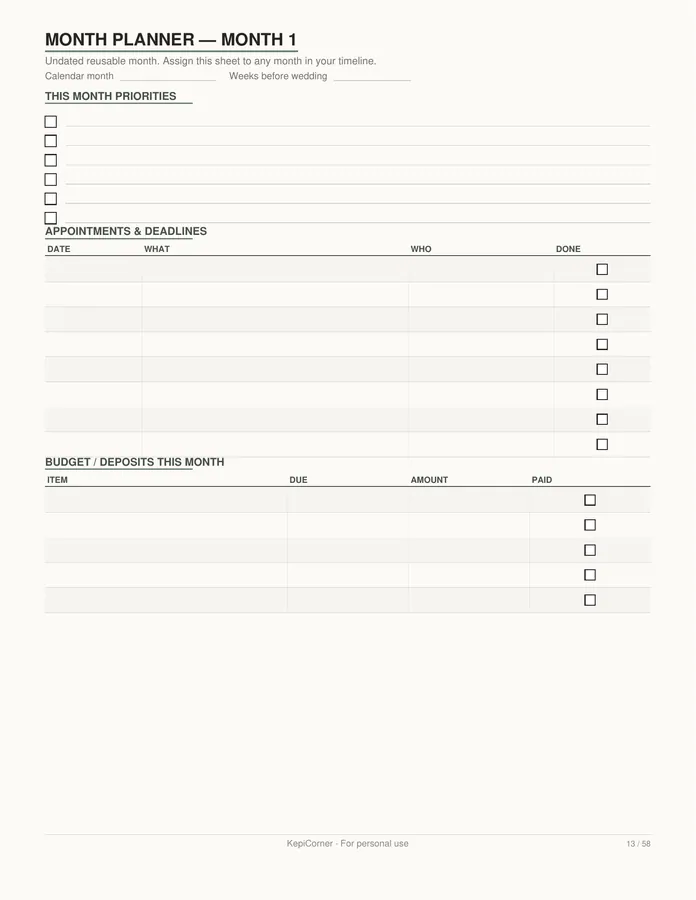 Wedding Planning Checklist printable – page 13 of 58, rendered from Wedding-Planning-Checklist-Letter.pdf