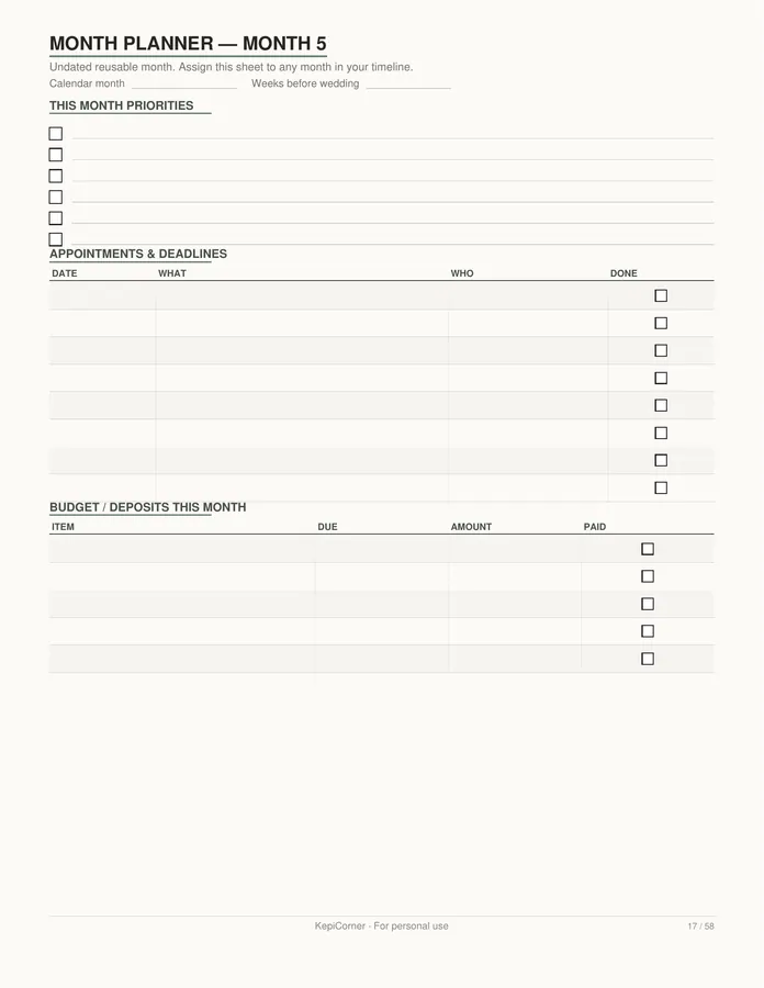 Wedding Planning Checklist printable – page 17 of 58, rendered from Wedding-Planning-Checklist-Letter.pdf