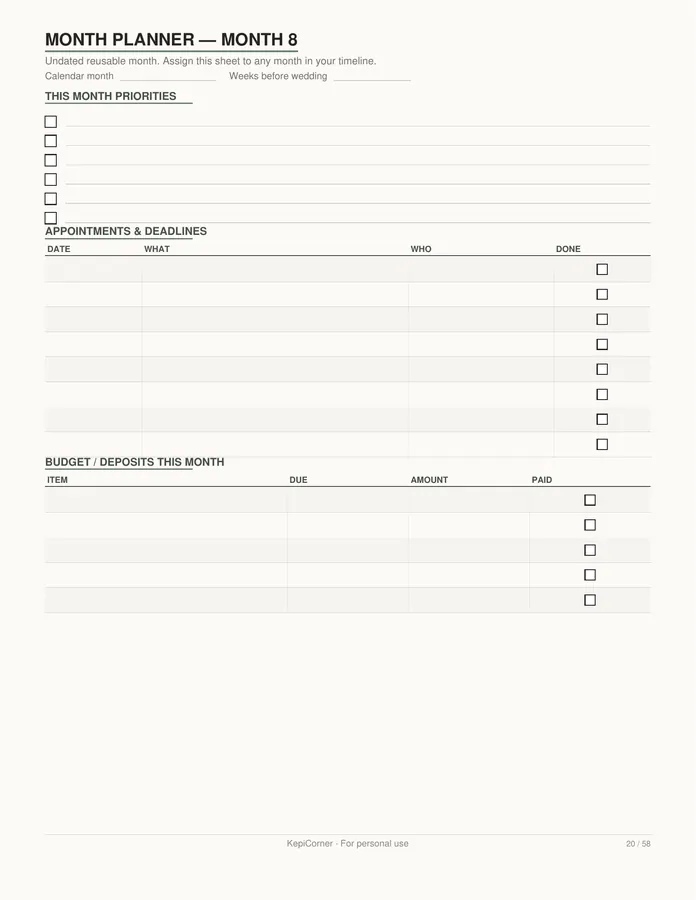 Wedding Planning Checklist printable – page 20 of 58, rendered from Wedding-Planning-Checklist-Letter.pdf