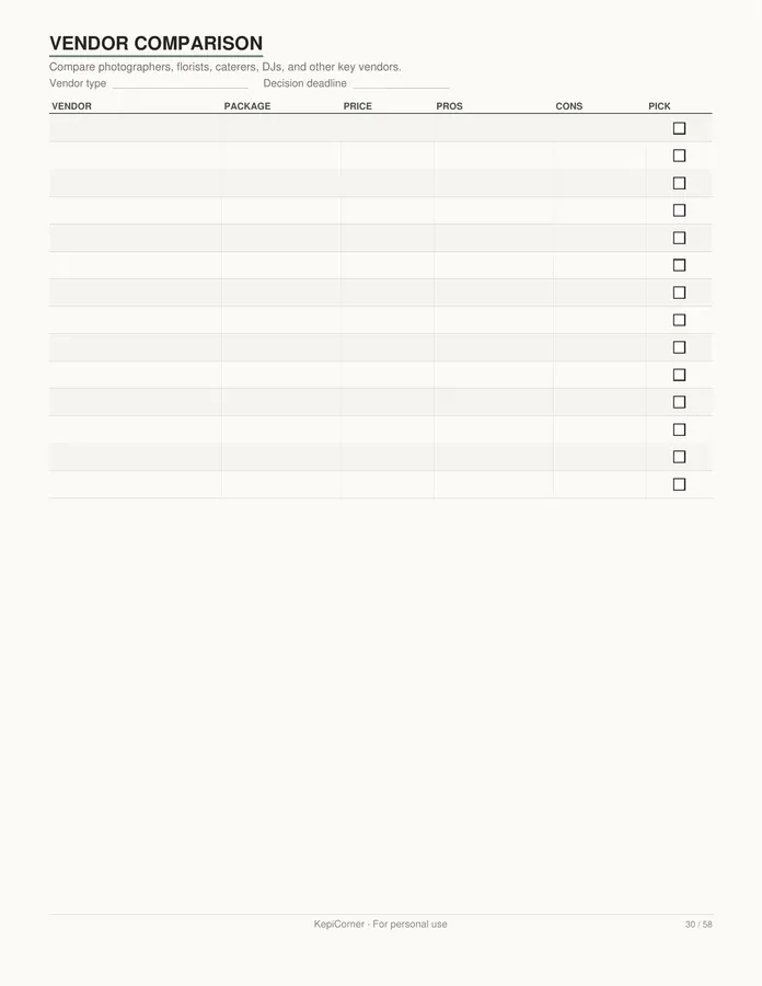 Wedding Planning Checklist printable – page 30 of 58, rendered from Wedding-Planning-Checklist-Letter.pdf