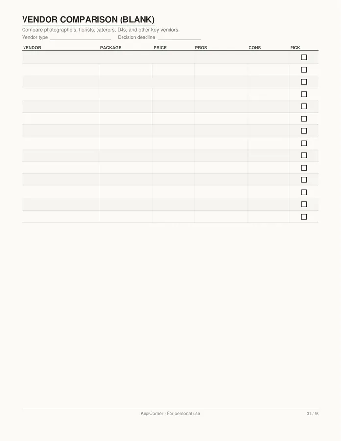 Wedding Planning Checklist printable – page 31 of 58, rendered from Wedding-Planning-Checklist-Letter.pdf