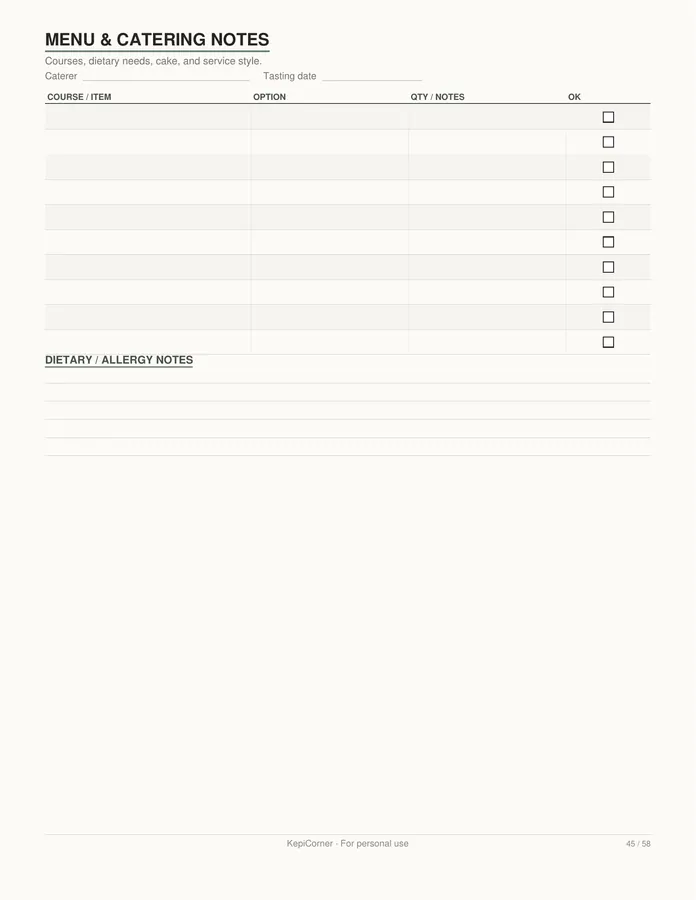 Wedding Planning Checklist printable – page 45 of 58, rendered from Wedding-Planning-Checklist-Letter.pdf
