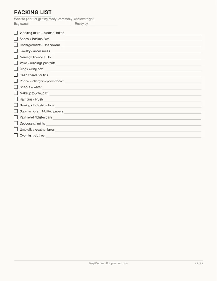Wedding Planning Checklist printable – page 46 of 58, rendered from Wedding-Planning-Checklist-Letter.pdf