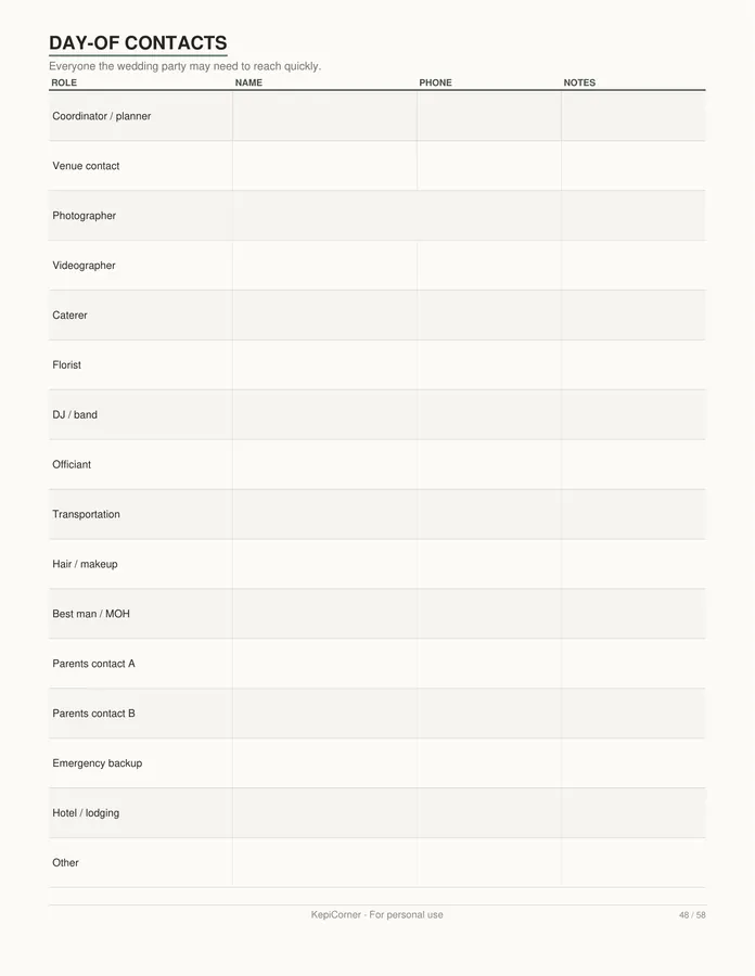 Wedding Planning Checklist printable – page 48 of 58, rendered from Wedding-Planning-Checklist-Letter.pdf