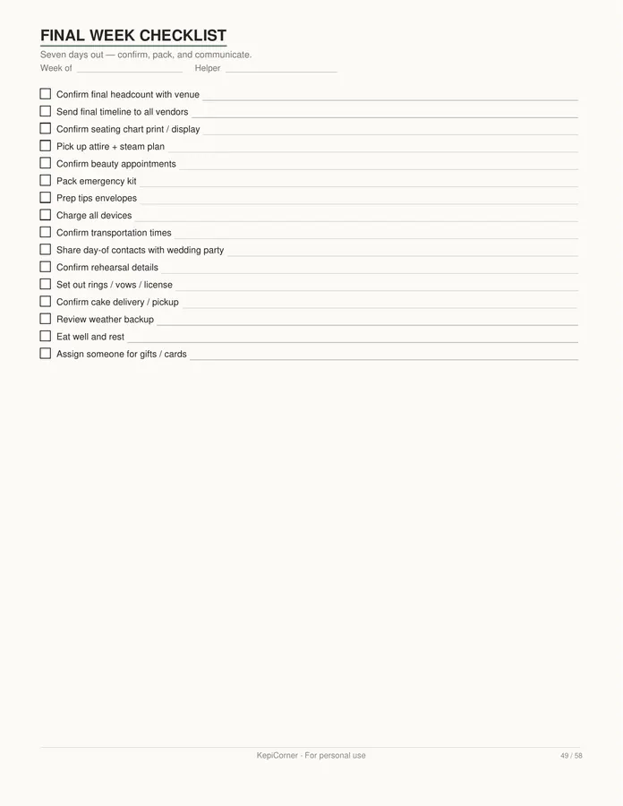 Wedding Planning Checklist printable – page 49 of 58, rendered from Wedding-Planning-Checklist-Letter.pdf