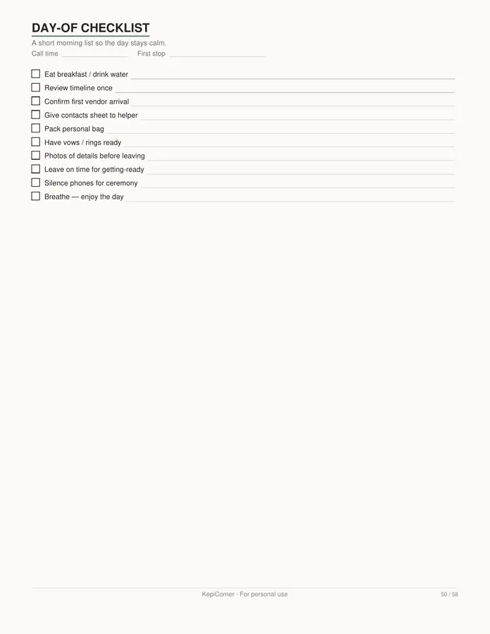 Wedding Planning Checklist printable – page 50 of 58, rendered from Wedding-Planning-Checklist-Letter.pdf